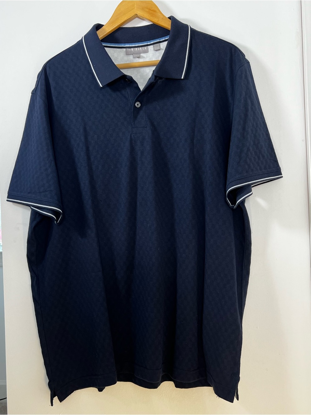 Ted Baker Men XL Navy Blue Textured Diamond Knit Polo Shirt Contrast Piping